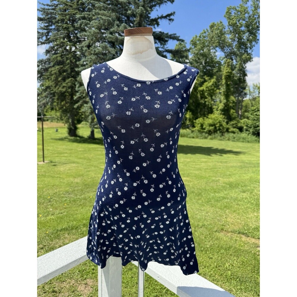 Vintage Flower Print Mini Sundress Navy White US Made De Colores Small